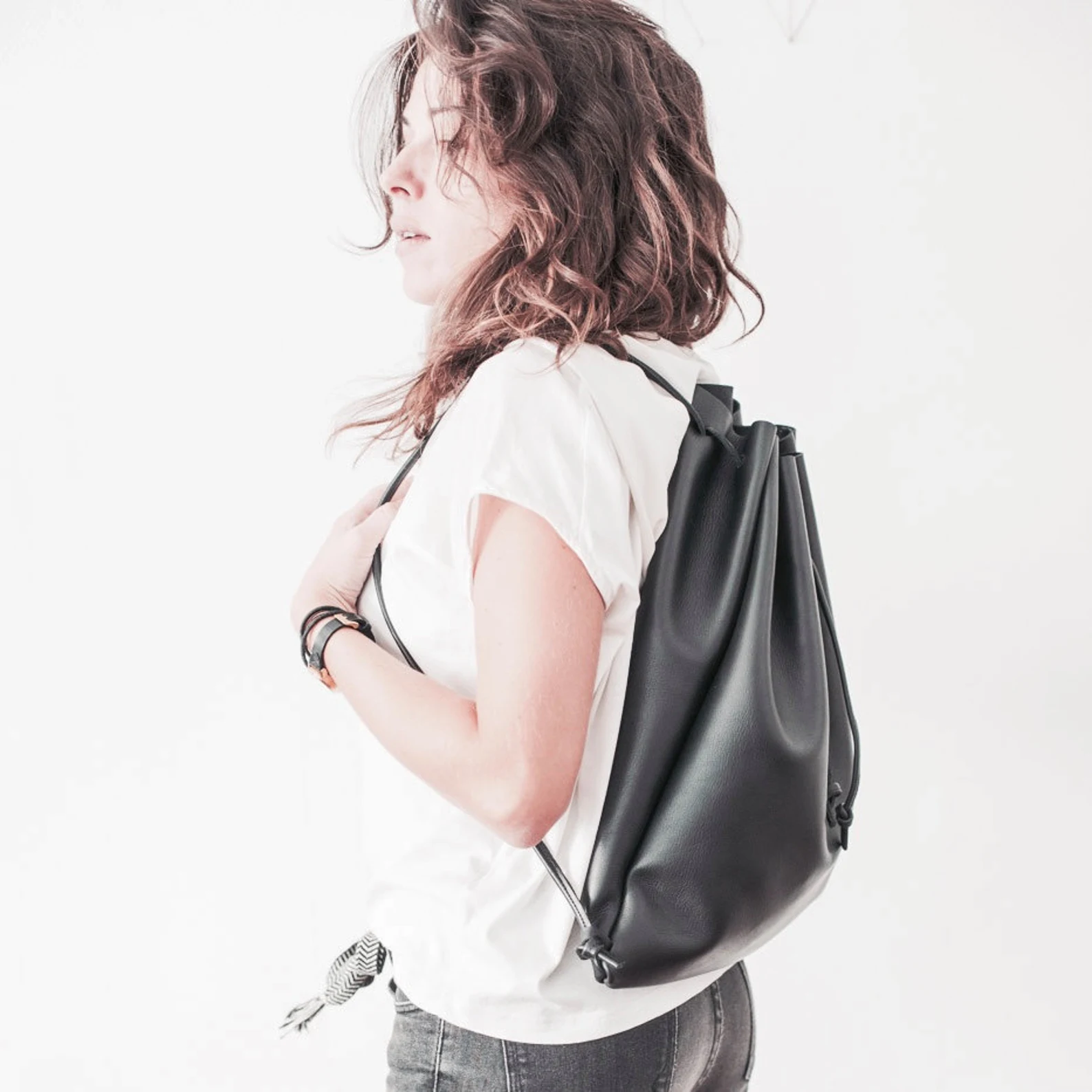 Leather Backpack " Roomy " - Black Color - Image 6