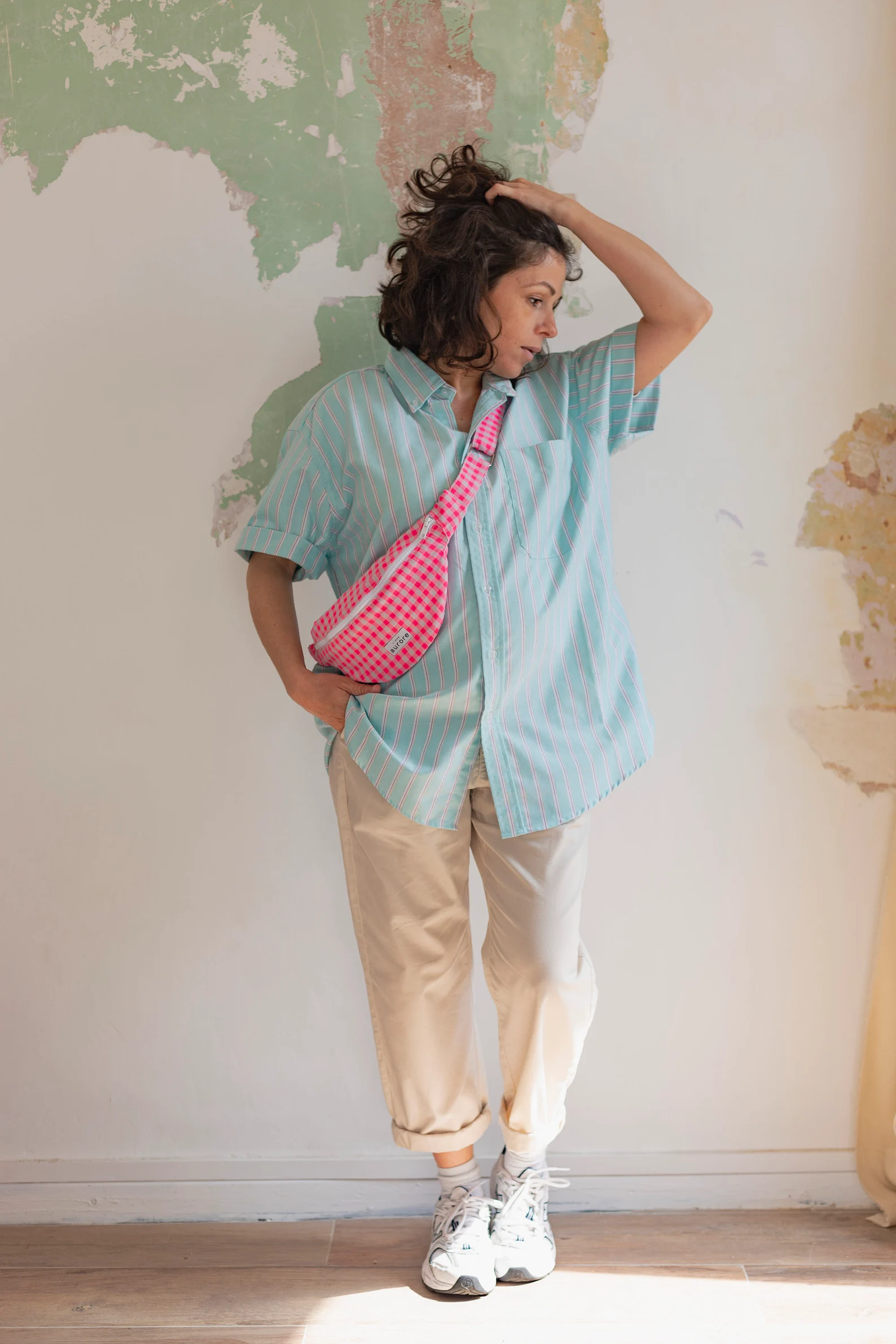 Fanny pack, chest bag - Neon pink gingham fabric - Image 2