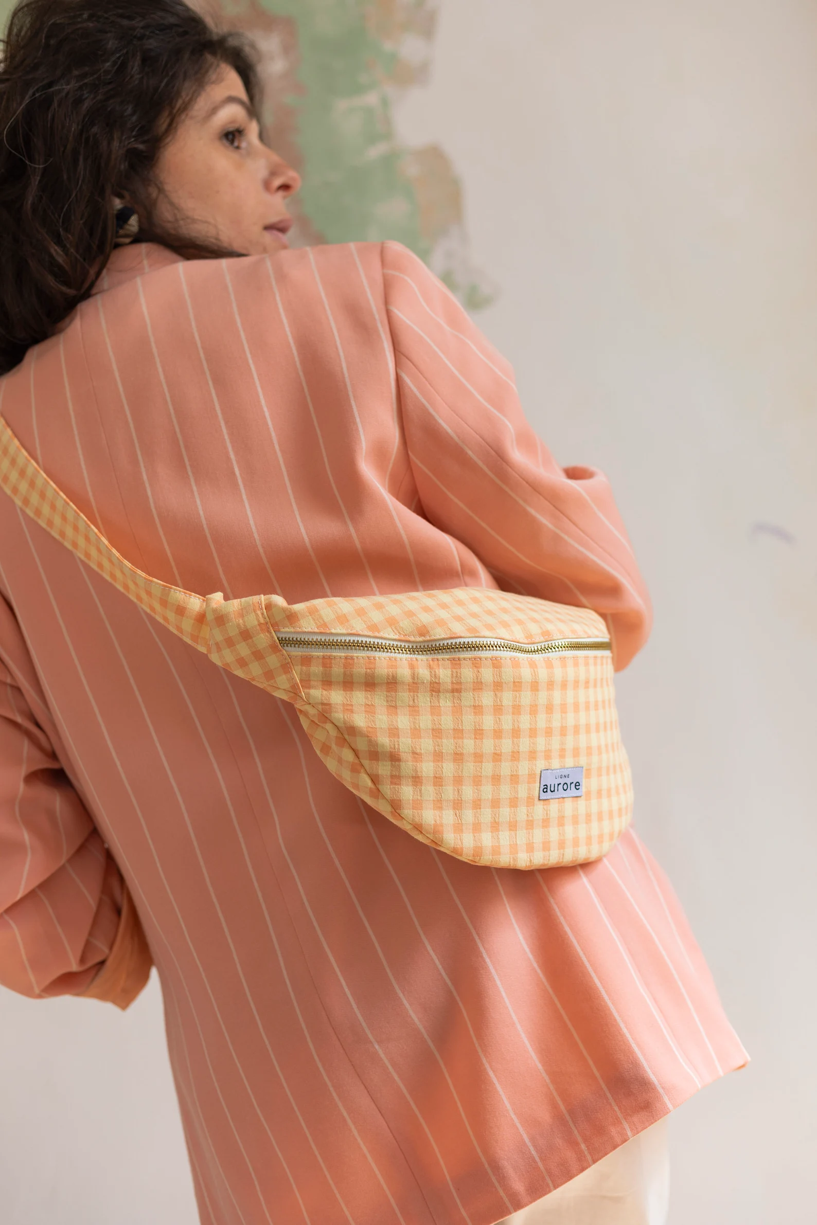 Belt bag, chest bag - Peach colored gingham fabric - Image 3