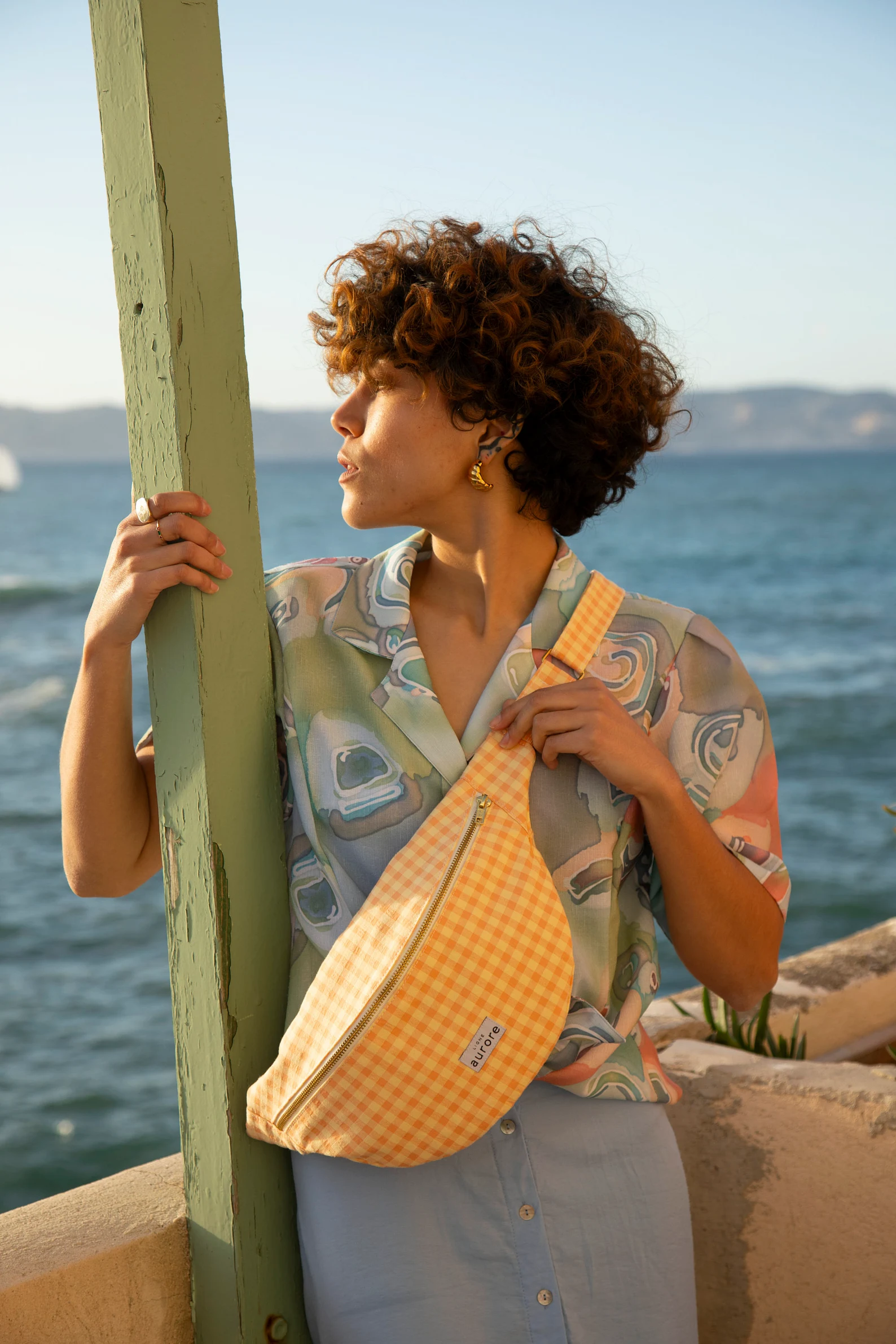 Belt bag, chest bag - Peach colored gingham fabric - Image 4
