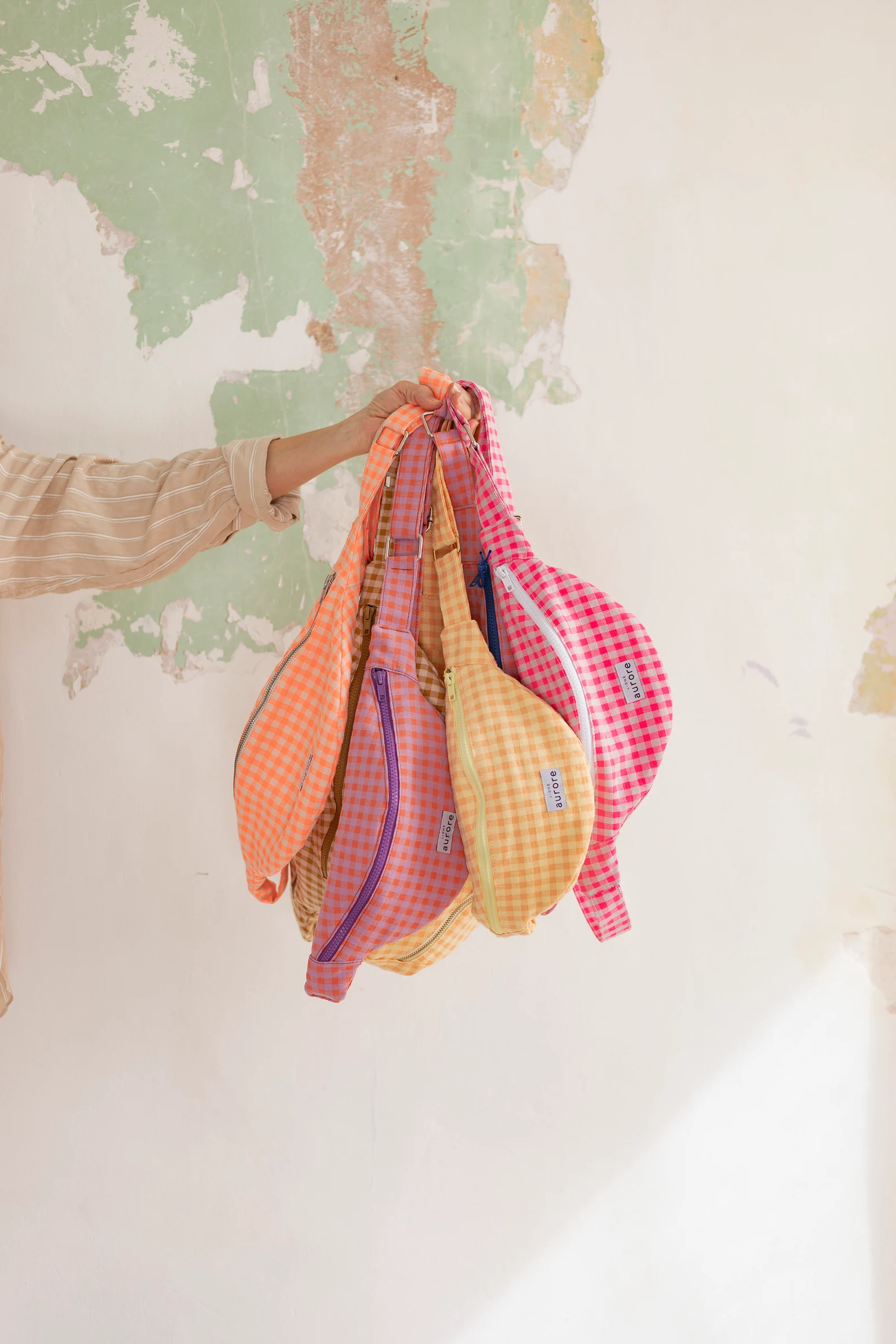 Belt bag, chest bag - Peach colored gingham fabric - Image 5