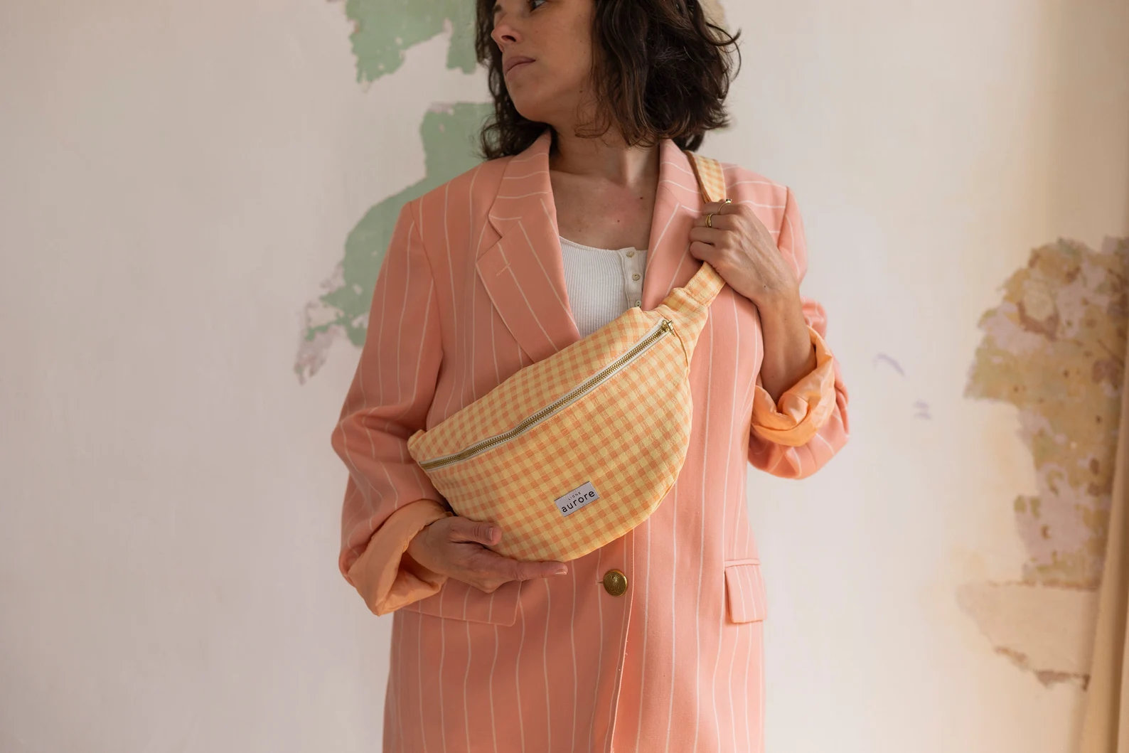Belt bag, chest bag - Peach colored gingham fabric