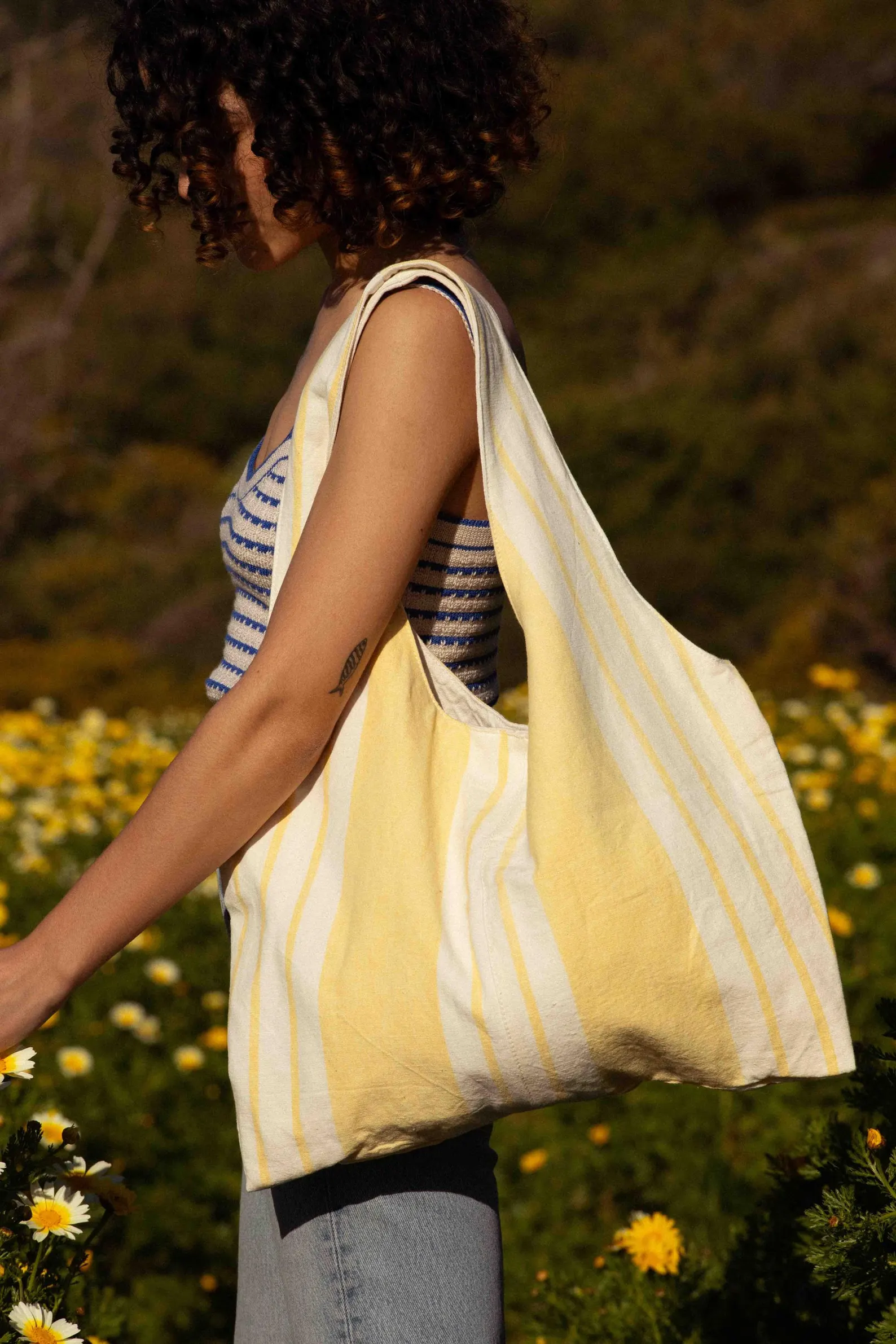 Marthe tote bag - vintage fabric with pale yellow stripes - Image 4