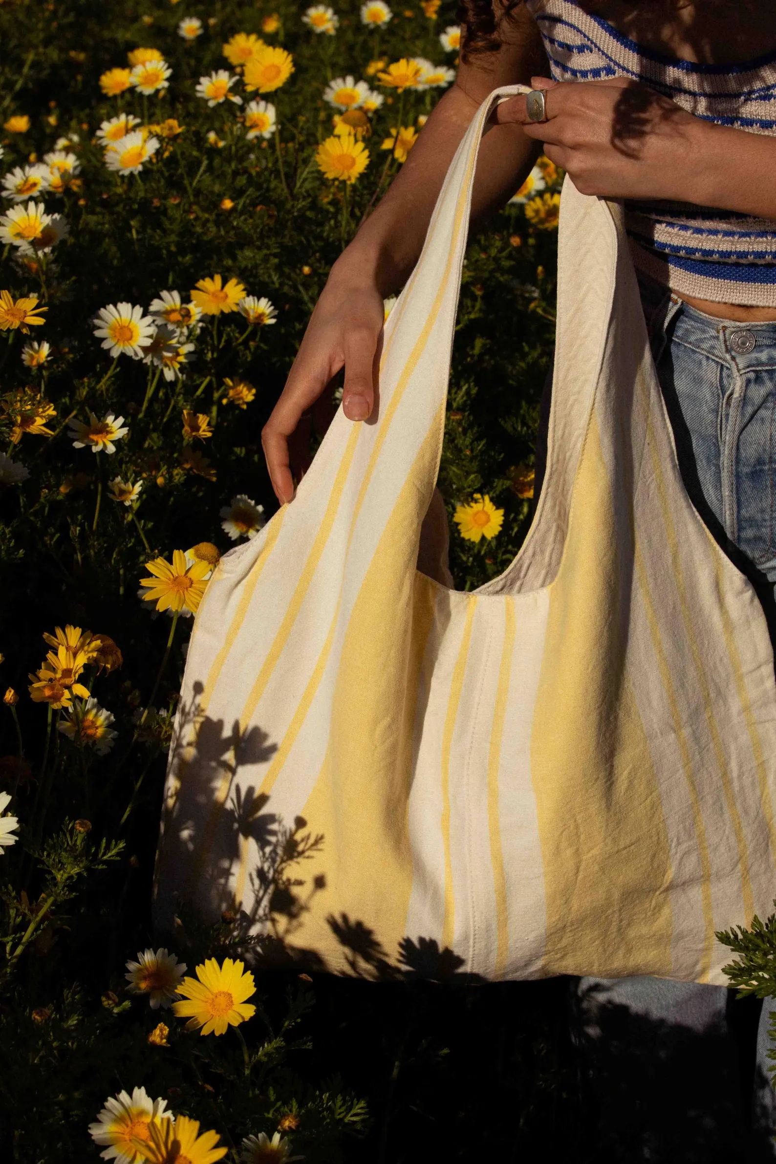 Marthe tote bag - vintage fabric with pale yellow stripes - Image 7