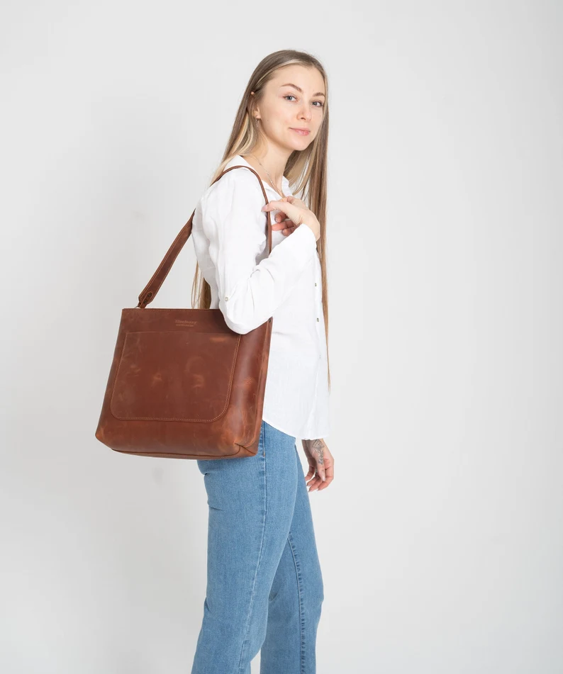 Leather Tote Bag for Women, Leather Shoulder Bag, Handmade Leather Tote - Image 8